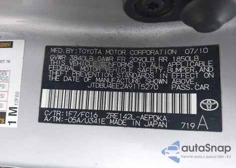 2010 Toyota Corolla Le from USA, damaged, VIN JTDBU4EE2A9115270